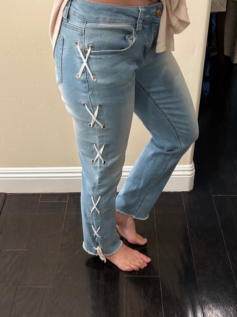 Salvaje Denim Cross Pattern Light Wash Flare Jeans